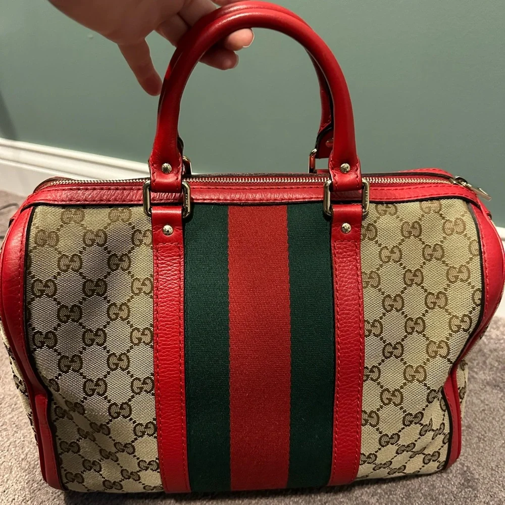 Gucci Boston bag brown monogram with red leather - Picture 6 of 16